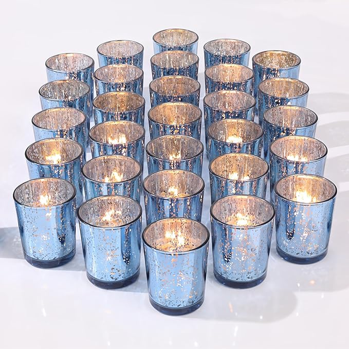 LETINE Blue Votive Candle Holders Set of 36 -Mercury Glass Candle Holders for Wedding & Baby Shower Decor - Ideal for Bridal Shower & Centerpieces for Tables