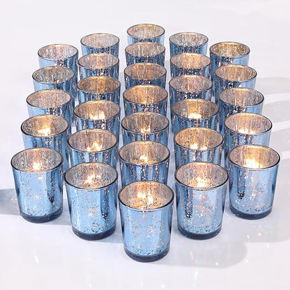 LETINE Blue Votive Candle Holders Set of 36 -Mercury Glass Candle Holders for Wedding & Baby Shower Decor - Ideal for Bridal Shower & Centerpieces for Tables