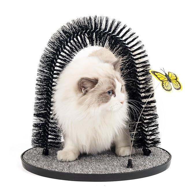 Pet Prime 2in1 Cat Arch Self Groomer for Indoor Cats, Back Scratcher Grooming Massage Brush With Sturdy Scratching Pad, Durable Brusher and Butterfly Toy-Mewly Pet