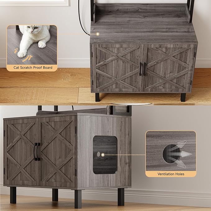 55 Inches Cat Litter Box Enclosure, Hidden Litter Box Furniture with 2 Storage Shelves and Charging Sockets, Wooden Cat House, Large Indoor Cabinet for Living Room & Entryway, Grey-Mewly Pet