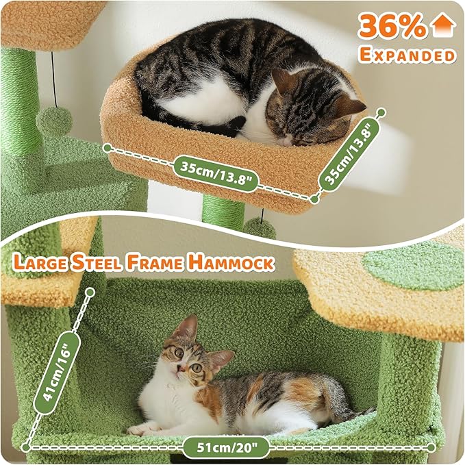 PAWZ Road Heavy Duty Cat Tree for Large Cats, 81 Inches Cactus Tall Cat Tower with 2 Perches, 2 Condos and Spacious Hammock, XL Extra Large Condo with 7 Scratching Posts for 20lb+ Adult Cats, Green-Mewly Pet
