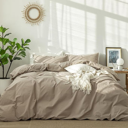 MooMee Bedding Duvet Cover Set 100% Washed Cotton Linen Like Textured Breathable Durable Soft Comfy (Solid Light Camel, Super King Plus 120"x120")