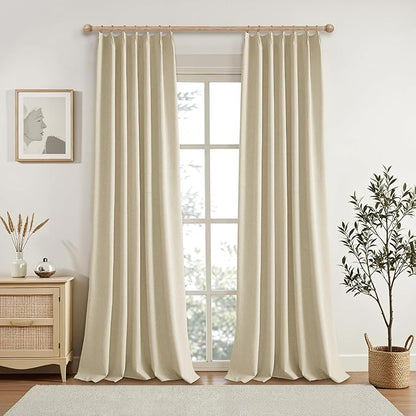 KangBang Pinch Pleat Blackout Linen Curtains 102 Inches Long, Pleated Linen Drapes 2 Panels Set for Living Room Dining with Hooks, Soft Elegant Window Treatments with Hooks,42Wx102L, Natural Beige
