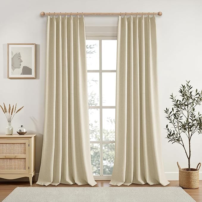 KangBang Full Blackout Pinch Pleat Linen Curtains 102 Inches Long, Pleated Linen Drapes for Living Room Dining with Hooks, Nursery Light Blocking Window Panels, 52Wx102L, Natural Beige,2 PCs