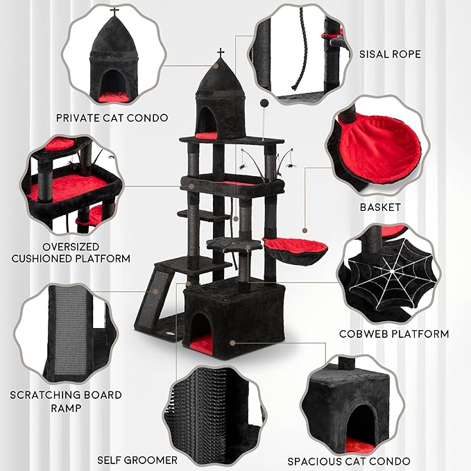 Large Cat Tree Tower for Large Cats, Cat Scratching Post, Self Grooming Post, Interactive Cat Toys, Oversized Perch and Basket, Heavy Duty 72", Black and Red-Mewly Pet