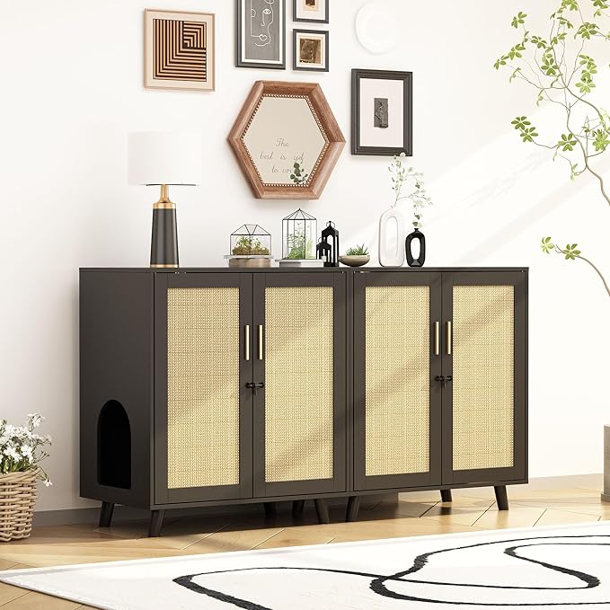 Lovinouse Large Cat Litter Box Enclosure,Hidden Kitty Litter Furniture with Sisal Covered Doors,2-Layer Wooden Cat Washroom Cabinet w/Adjustable Shelf, Side Table for Living Room,Black-Mewly Pet