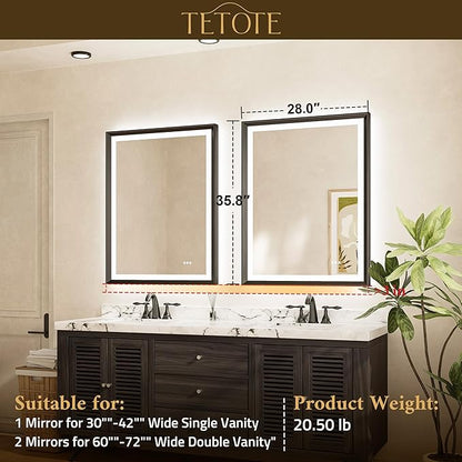 TETOTE 28x36 LED Mirror for Bathroom Black Metal Frame Frontlit & Backlit Lighted Vanity Mirror Baroque Gothic Anti Fog Stepless Dimmable White/Warm/Natural,CRI90+,Waterproof(Horizontal/Vertical)