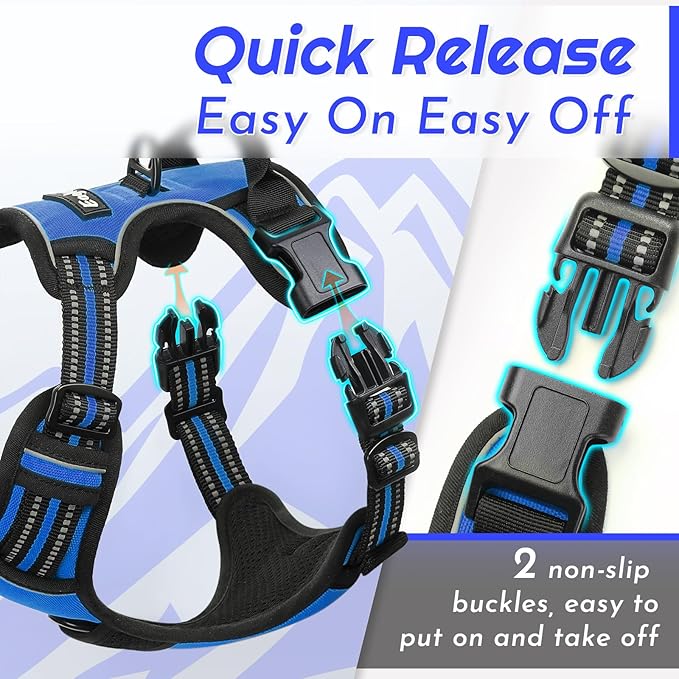 Eagloo Dog Harness Small Sized Dog, No Pull Service Vest with Reflective Strips and Control Handle, Adjustable and Comfortable for Walking, No Choke Pet Harness with 2 Metal Rings, Blue, S-Mewly Pet
