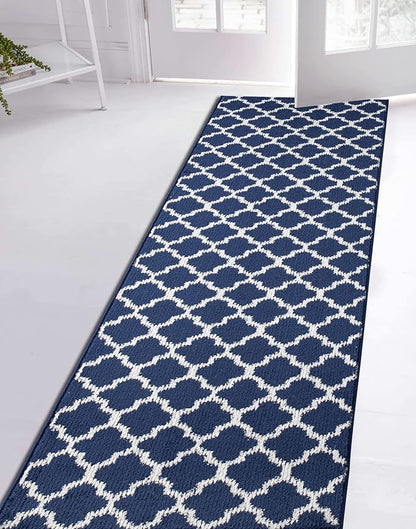 Custom Size Cut to Length Moroccan Trellis Design Runner Rug Mat For Wide Long Hallways with Non-Slip Rubber Backing, Better Traction for Pets, Prevent Slippage, Trellis Navy Blue, 31 inch X 16 feet