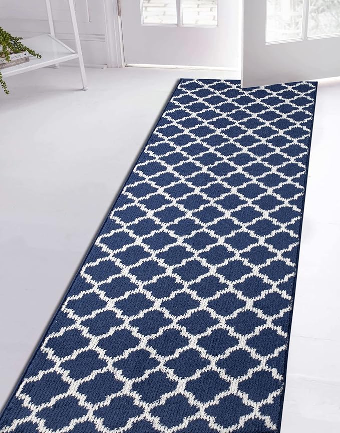Custom Size Cut to Length Moroccan Trellis Design Runner Rug Mat For Wide Long Hallways with Non-Slip Rubber Backing, Better Traction for Pets, Prevent Slippage, Trellis Navy Blue, 31 inch X 25 feet