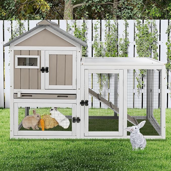 48" L Rabbit Hutch Outdoor Indoor Bunny Hutch Weatherproof, 2-Story Wood Rabbit Cage with Deep Tray, Chew-Resistant Ramp, UV Roof, Bunny House for Small Animal, Expandable Guinea Pig Cage-Mewly Pet