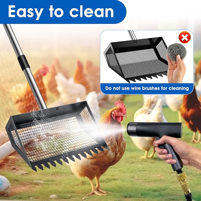 Chicken Poop Scooper & Rake 2-in-1, 32 to 68" Adjustable Stainless Steel Chicken Litter Scoop with Handle and Glove for Chick Coop Sands Multifunctional Litter Sifting Shovel for Hen Animals House-Mewly Pet