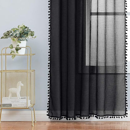 Treatmentex Black Pom Pom Sheer Curtains for Bedroom 63" Linen Texture Decorative Voile Draperies Chic Solid Sheer Curtain Panels for Living Room 52" w 2 Pack