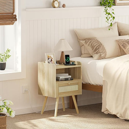 SUPERJARE Nightstand with Charging Station & Rattan-Like Decor Drawer, Rattan End Table with Solid Wood Feet, Bed Side Table with Open Storage, for Bedroom, Living Room, Dormitory - Natural