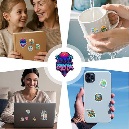 100 PCS Florida Travel Stickers Pack, Vinyl Waterproof Decals of Beaches Palm Trees Oranges State Icons and City Skylines, Gift for Kids Teens Adults Laptop Water Bottle Scrapbook Luggage Car