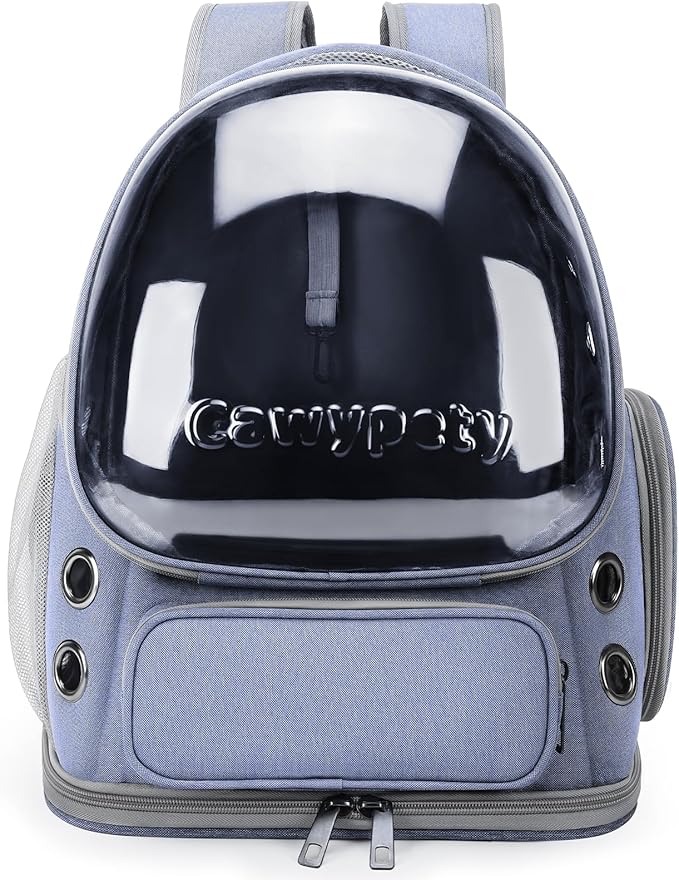 Cat Backpack Carrier, Breathable Cat Carrier Large Space Bubble Pet Backpack for Kitty Small Dog up to 12lbs, Transparent & Foldable Pet Carrier for Travel Hiking (Blue-Mewly Pet