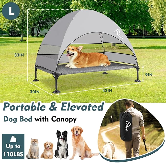 Upgraded Elevated Dog Bed with Canopy, Portable Raised Outdoor Dog Bed with Stable Anti-Slip Feet, Wider Shade Pet Bed Cot, Raised Dog Beds for Large Dogs Camping, Indoor & Outdoor Use-Mewly Pet