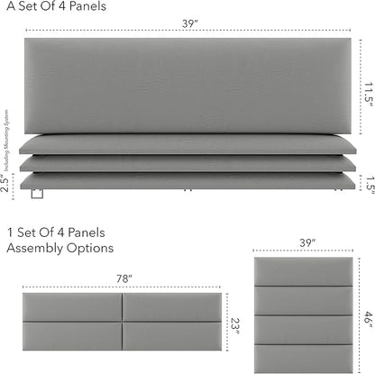 Vänt Upholstered Wall Panels - King/Cal King Size Wall Mounted Headboards - Vintage Leather Light Grey - Twin/King - Set of 4 Panels (Each Individual Panel 39"x11.5")