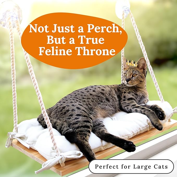 Cat Window Perch for Large Cats - Hammock Bed for Heavy Indoor Cats - Solid Wood Seat, 5 Strong Suction Cups, Soft Cushion - Rustic Shelf for Pets Inside-Mewly Pet