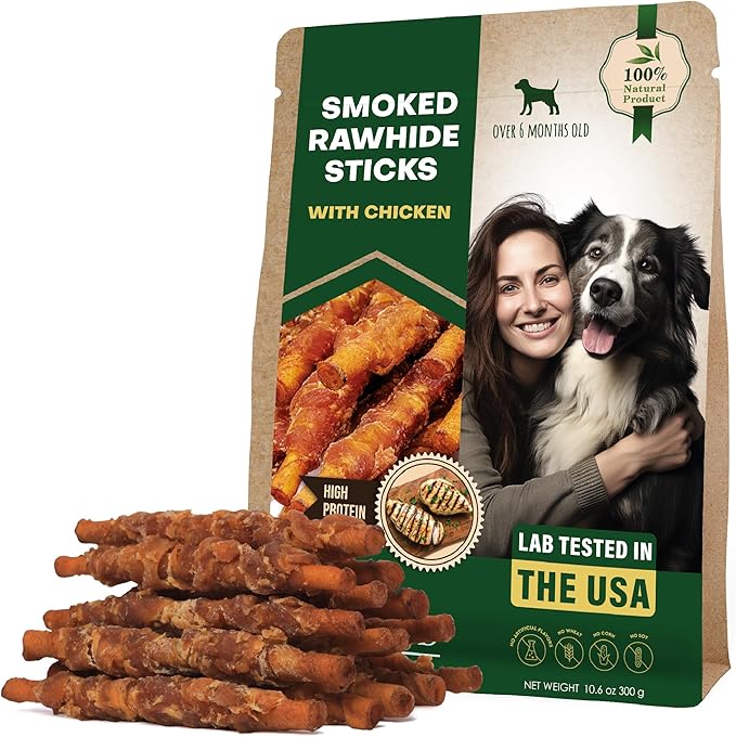 Dog Treats Rawhide Sticks Wrapped with Chicken 11 oz Pet Natural Chew Treats - Grain Free Meat & Human Grade Dried Snacks - Best for Small & Large Dogs (10.6 Ounce (Pack of 1), Smoked Chicken)-Mewly Pet