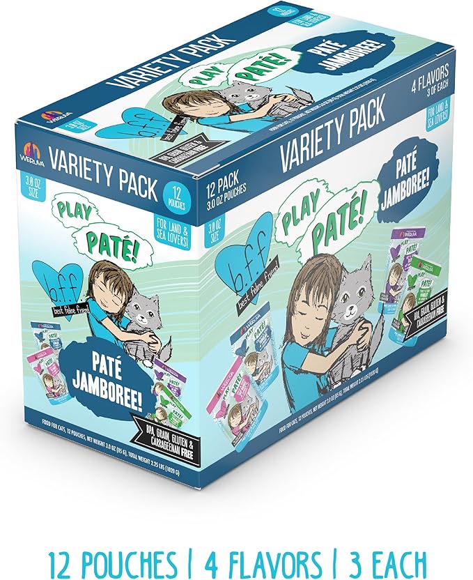 Weruva B.F.F. Play - Best Feline Friend Paté Lovers, Aw Yeah!, Paté Jamboree! Variety Pack, 3oz Pouch (Pack of 12)-Mewly Pet
