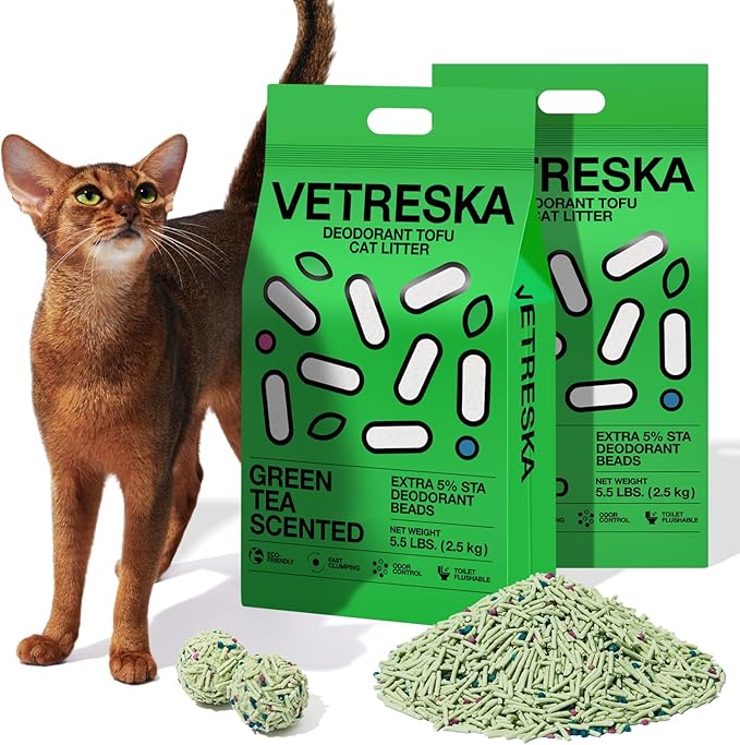 VETRESKA Tofu Cat Litter,Natural Kitty Litter Strong Clumping Flushable Cat Litter Pellets Ultra Absorbent,Odor Control,Dust-Free,Low Tracking Eco-Friendly Tofu Litter,Greentea(5.5lb×2bags)-Mewly Pet