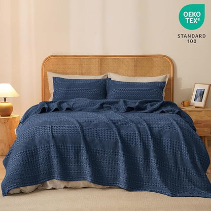 PHF 100% Cotton Waffle Weave Blanket Queen Size for Bed, Soft Lightweight & Breathable, All-Season Comfort, Luxury Aesthetic Woven Bedding for Home Decor, 90"x90", Blue Sapphire