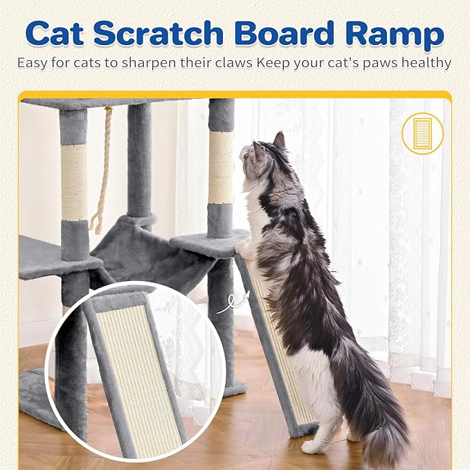 Cat Tree Tower 63in Multi-Level Cat Tower for Indoor Cats with Sisal Scratching Posts, Condo, Hammock, Dangling Ball and Extended Platform for Cats to Play, Light Grey-Mewly Pet