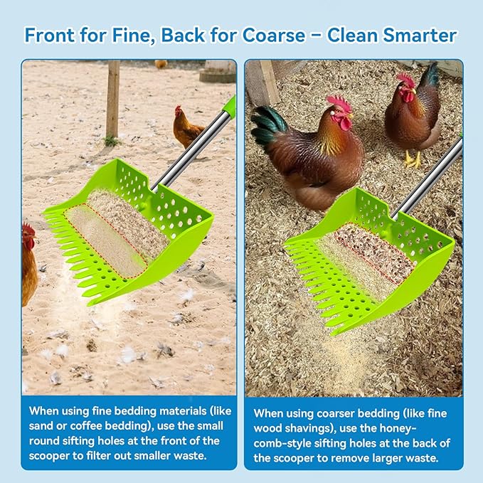 12-Inch 2-in-1 Chicken Poop Scooper & Rake – US Patent Pending – 3-Shape Sifting Holes Chicken Coop Rake，Stainless Steel Handle （20–61"）– Litter Scoop Sand & Sifting Shovel for Chicken Coops(Green)-Mewly Pet