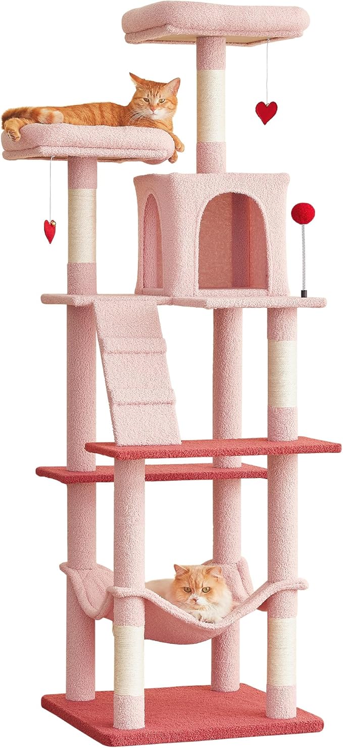 MWPO Cute Cat Tree, 70.1-Inch Tall Pink Cat Tower for Indoor Cats Large Adult, Multi-Level Cat Condo with 5 Scratching Posts, 2 Padded Perches, Hammock, Dangling Toys-Mewly Pet