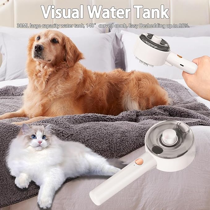 Cat Steam Brush For Shedding, Steamy Dog Grooming Brush With 2-Speed Spray, Blue Light And Release Button, Rechargeable Water Pet Hair Brushes Wet Self Cleaning Cat Spa Brush Cat Comb (White)-Mewly Pet