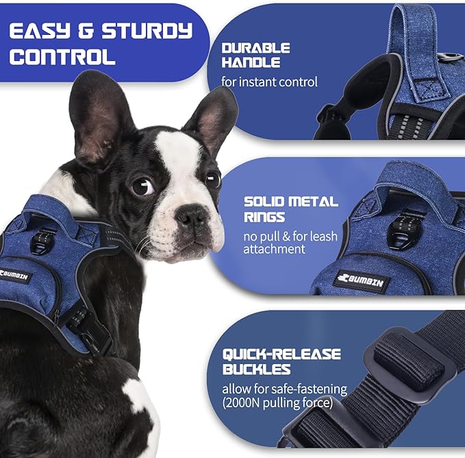 BUMBIN Dog Harness for Large Dogs, No Pull Adjustable No Choke Pet Vest with Dog Leash Fit Smart Reflective Pet Walking Harness for Training Easy Control Soft Handle Denim Blue M-Mewly Pet