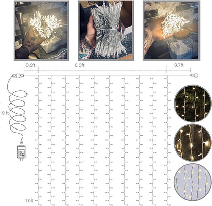 Magictec 300 LED Curtain String Light, 8 Lighting Modes Fairy Twinkle String Lights Wedding Party Home Garden Bedroom Outdoor Indoor Wall Decorations, Warm White