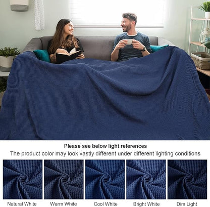 PHF 100% Cotton Waffle Weave Family Blanket,Oversized King Size 120"x 120"-Pre-Washed Snag Proof Lightweight Breathable, 10'x 10' Huge Extra Large Big,Home Decoration Gift-Navy Blue/Bright Blue