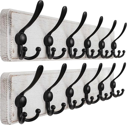 Dseap Coat Rack Wall Mounted - 24" Long 6 Tri Hooks, Heavy Duty Wooden Wall Coat Hanger Coat Hook for Clothes Hat Jacket Clothing, White and Black, Pack of 2
