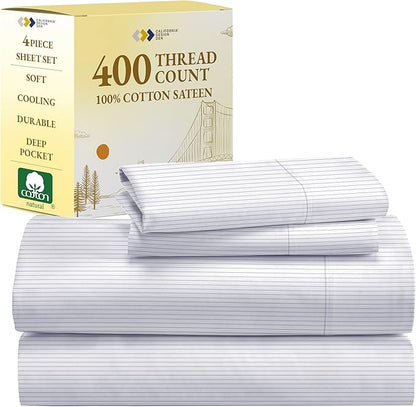 California Design Den Queen Sheet Set - 400 Thread Count Sateen, Natural 100% Cotton Sheet Set Queen Size, Deep Pocket Cooling and Durable Bedding - Pinstriped