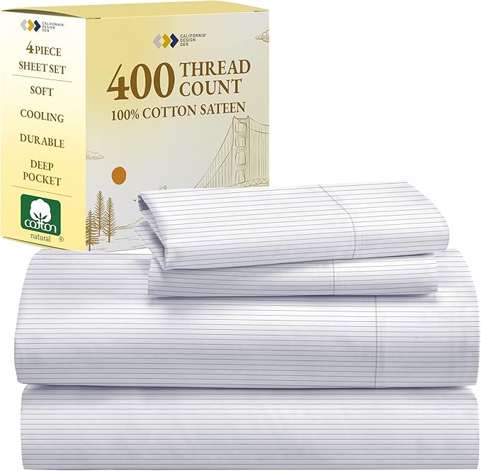 California Design Den Printed King Size Sheets Set - Luxury 400 Thread Count Sateen, Natural 100% Cotton Sheets Set, Deep Pockets, Cooling and Durable Bedding - Pinstriped