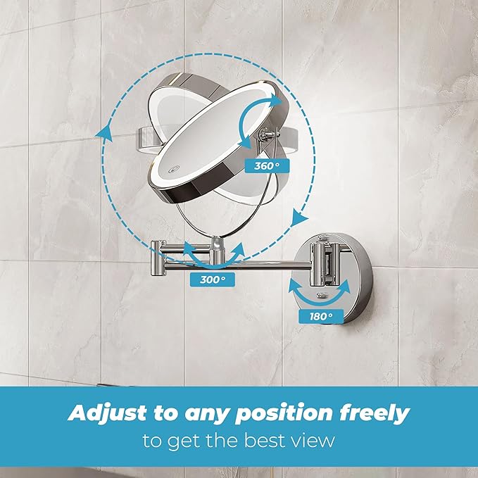 8" Rechargeable Lighted Makeup Mirror, 1X/10X Magnification with 3 Color Touch Dimmable Lights, 360° Rotating Double-Sided Wall Mount Mirror (Chrome) – Fab Glass and Mirror