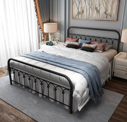 YALAXON Vintage Sturdy Queen Size Metal Bed Frame Basic with Headboard and Footboard,No Box Spring Needed,Under Bed Storage (Queen,Black)