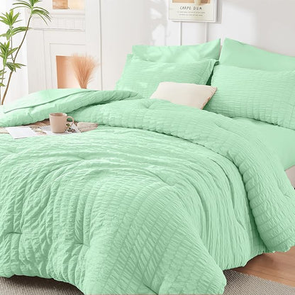 HYMOKEGE Mint Green Twin Comforter Set Seersucker 5 Pieces, All Season Luxury Bed in a Bag for Bedroom, Bedding Set with Comforter, Sheets, Pillowcase & Sham