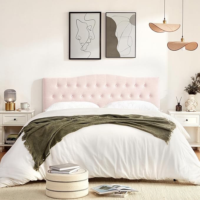 Tufted Upholstered Headboard California King Size, Sturdy and Durable Solid Wood Bed headboard, Fabric Headboard Adjustable Height from 37” to 51”, Button Diamond Design Head Board, Pink