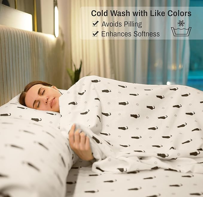 RUVANTI Flannel Sheets California King Size - 100% Cotton Brushed Cal King Bed Sheets Set - Deep Pockets 14 Inches - All Seasons Breathable & Extra Soft - Warm & Cozy, 4 Piece, Black Cat