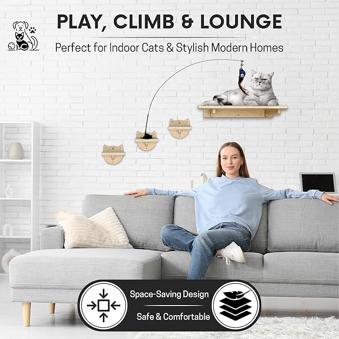 Snuggle & Play Cat Wall Shelves with Suction Cup Wand – 3 Mounted Steps, Climbing Wall Shelves and Furniture with Cat Wand-Mewly Pet
