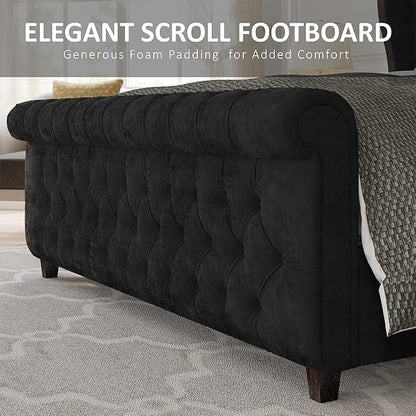AMERLIFE Queen Size Platform Bed Frame, Velvet Upholstered Sleigh Bed with Scroll Wingback Headboard Footboard/Button Tufted/No Box Spring Required/Easy Assembly/Black