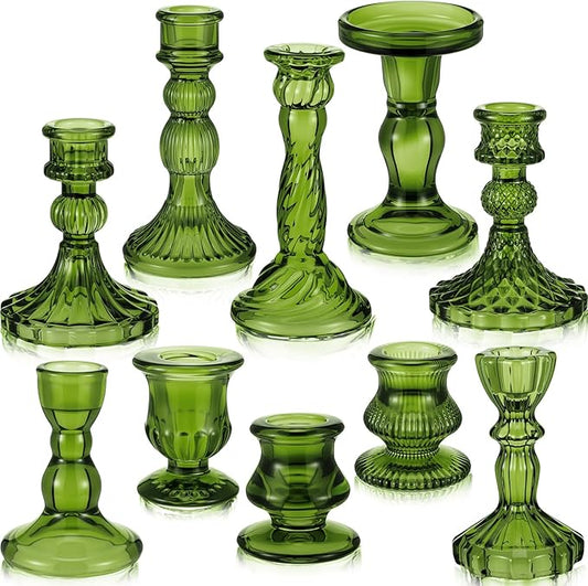 Mumufy 10 Pcs Glass Crystal Taper Candle Holders Clear Glass Candlestick Holder Fit 0.8 Inch Candles Crystal Decorative Candle Stand Centerpiece Table Wedding Dining Party (Classic,Green)