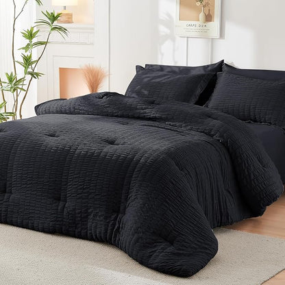 HYMOKEGE Black Twin Comforter Set Seersucker 5 Pieces, All Season Luxury Bed in a Bag for Bedroom, Bedding Set with Comforters, Sheets, Pillowcase & Sham