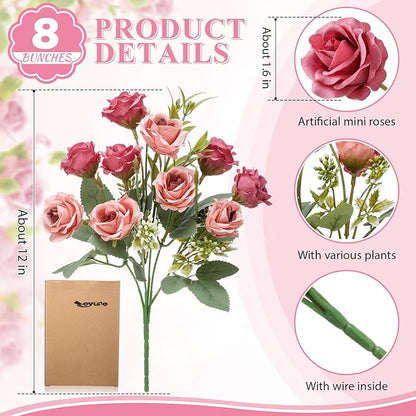 Zeyune 8 Pack 12 Inch Wedding Bouquets for Bride Bridesmaid Pastel Pink and Pale Pinkish-Grey Artificial Rose Bouquet Fake Silk Roses Flowers Bunches Bulk for Home Office Garden Parties Decoration