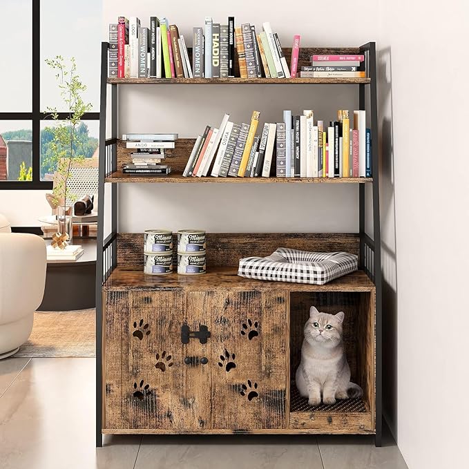 Recaceik Large Cat Litter Box Enclosure with Shelf Storage, Hidden Cat Washroom Furniture, Wooden Cat House with Scratch Pad, Sturdy Indoor Cat Cabinet with 2 Doors, Rustic Brown-Mewly Pet