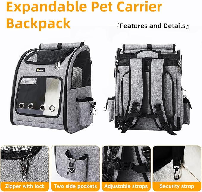 Hoopet Expandable Cat Backpack Carrier – Breathable Pet Carrier for Small Cats & Dogs, Foldable Travel Backpack with Mesh Ventilation for Hiking, Walking, Camping, Light Grey-Mewly Pet