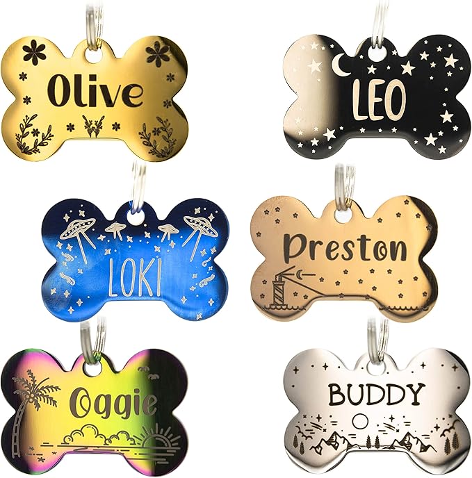 Personalized Dog Tag with 5 Lines of Custom Deep Engraved Durable Stainless Steel Pet ID Name Tag Designer Small Size Bone-Mewly Pet